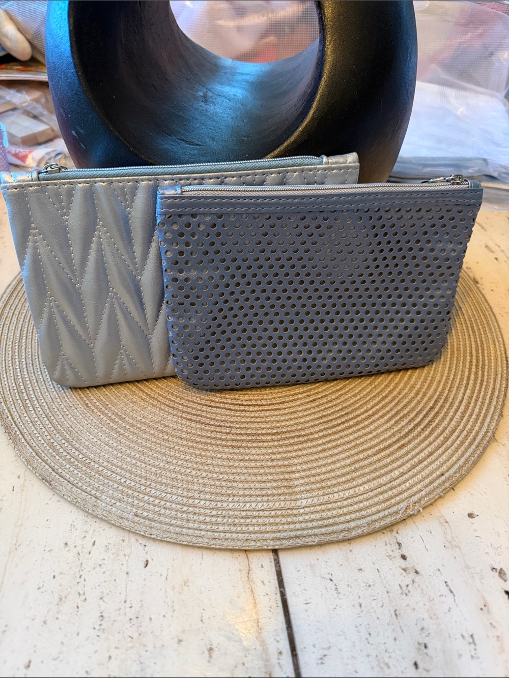 ipsy Silver Gray Quilted and Perforated Zip Pouch Duo